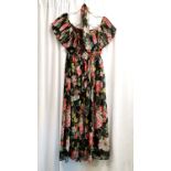 1970's chiffon floral dress with tie belt & large pleated collar - chest 72cm by Jean Varon.