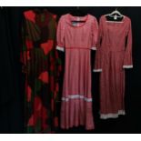Three maxi dresses, one red cotton trimmed with white broiderie anglaise by Kati Holiday, 80cm bust,