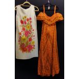 1960s white dress with brightly coloured floral design, discolouration to hem, 96cm bust t/w oranage