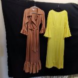 Nylon coat dress from Harrods, camel colour 86cm bust t/w yellow moygashel dress with bell sleeves