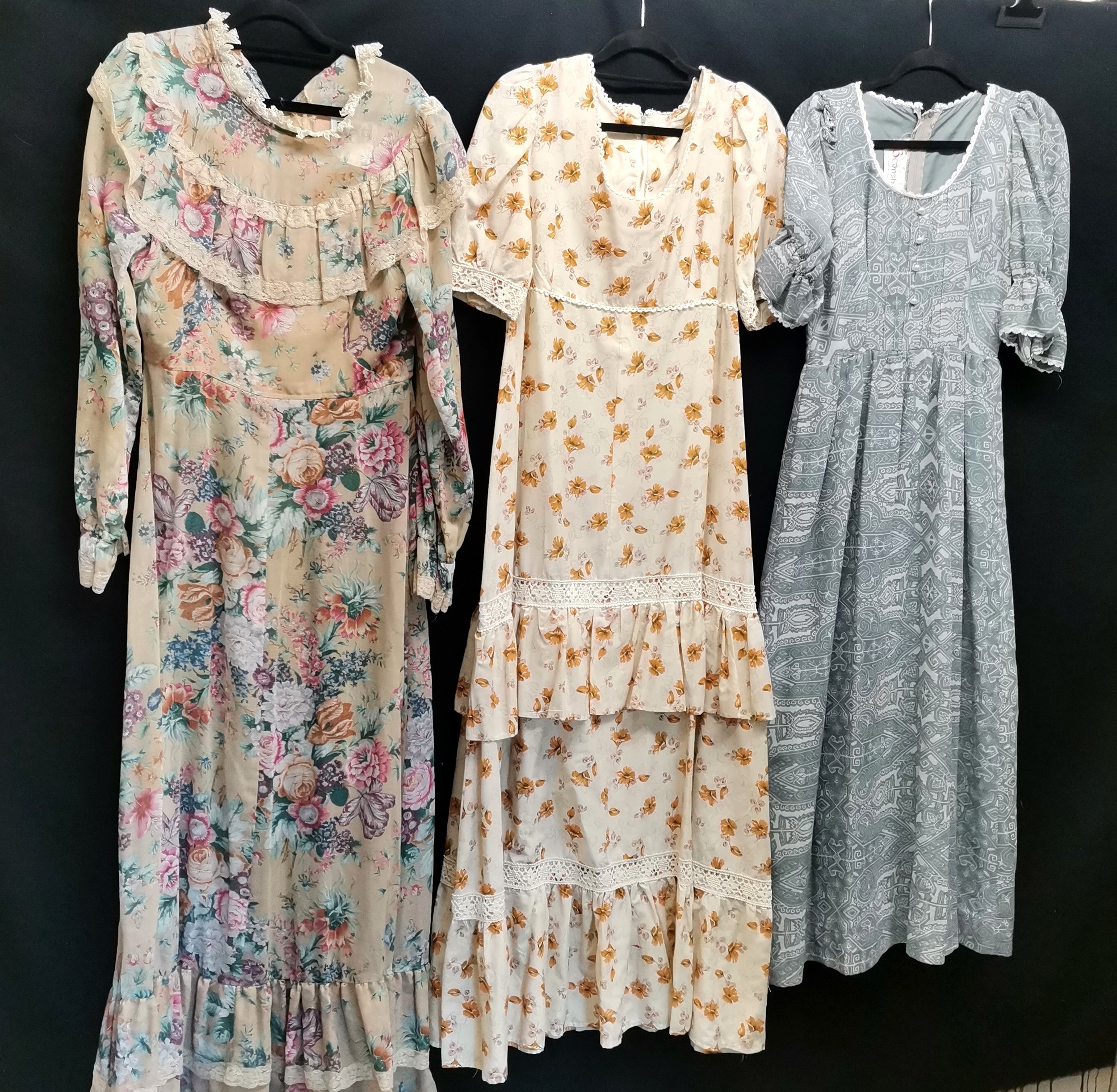 3 long 1960s dresses, Floral with long sleeves trimmed with lace damage to frill by Kati 100cm