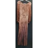 Yvette brown patterned silk chiffon long sleeved dress 90cm bust, small holes to front of skirt