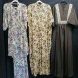 Floaty floral polycotton dress 80cm bust, brown crepe dress with braided bib, cap sleeves 80cm