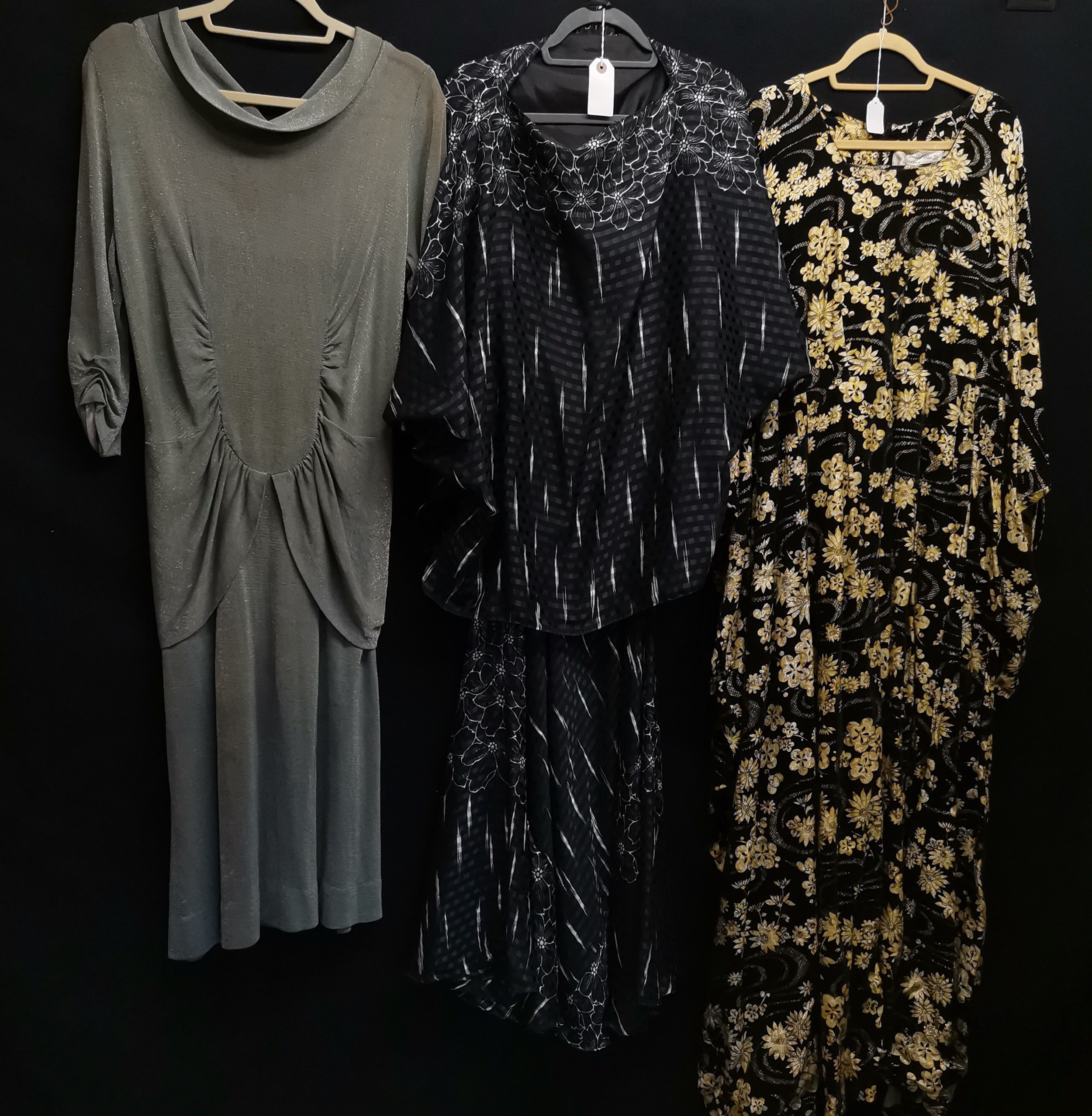 3 Vintage dresses. 1 Silver lurex stained long sleeves 92cm chest t/w 2 piece silk outfit black