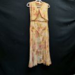 1930s yellow and orange silk chiffon dress with velvet ribbon trim 90cm bust in good condition