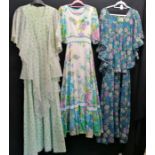 Three maxi dresses, green pattern nylon bell sleeved, small mark to front, 68cm bust, lace trimmed