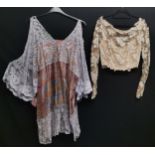 Two tops made of vintage lace and fabric, the cream top has a tear on the lace on the shoulder, 74cm