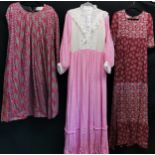Two maxi dresses, pink crepe floral pattern with satin and lace bodice and cuffs 100cm bust in good