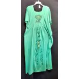 Green crimplene one size dress with hand painted birds. In good used condition