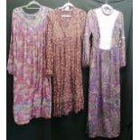 Three maxi dresses purple floral rayon print by Mavur, Indian 98cm bust, plum rayon tie neck spot