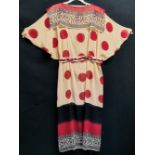 Silk chiffon geometric design plaited belt red, brown and cream with bell sleeves and bead