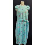 Zandra Rhodes silk aqua coloured abstract design dress with sleeve detail for Jack Mulqueen