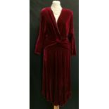 Long sleeved burgundy velvet dress with crossover bodice by Janice Wainwright 88cm bust, pearls