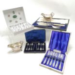 Boxed Portmeirion cake forks, fish servers 2 other cased cutlery sets T/W pair of gravy boats etc.