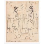 L S Lowry 1971 pen and ink drawing of 2 men smoking in front of railings with George Hotel annotated