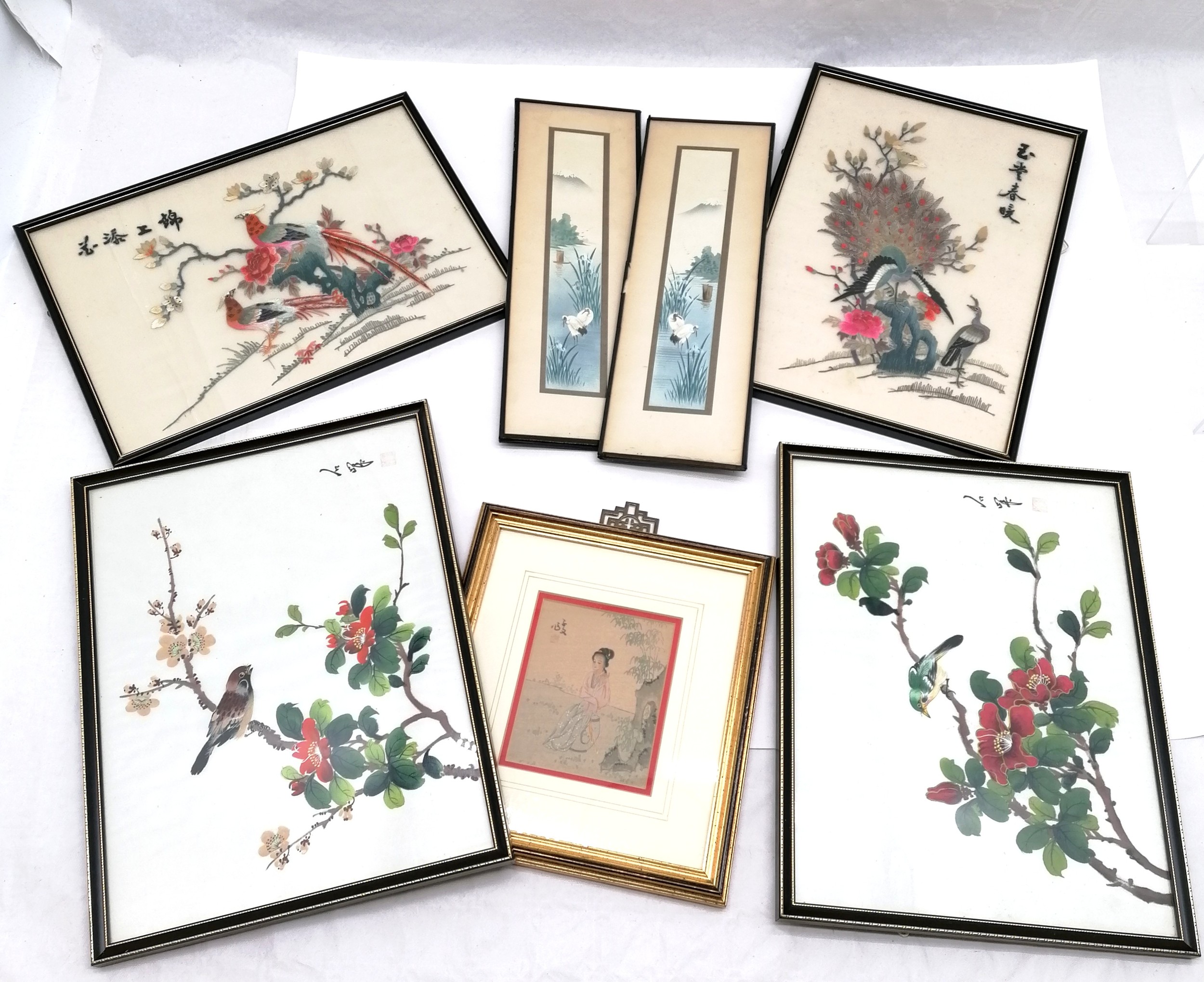 Pair of hand painted oriental Crane panels, 13 cm wide, 40 cm high t/w pair of framed hand painted