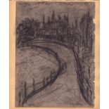 L S Lowry mounted drawing of a bridge / road in a village - mount 34.7cm x 29.1cm ~ Laurence Stephen