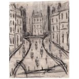 L S Lowry 1956 drawing of figures in a road surrounded by buildings, the reverse has a mechanical