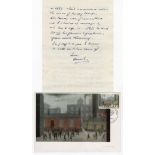 L S Lowry hand signed 1967 Cameo Coming out of school card for Art on stamps Exhibition Strand