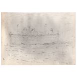 L S Lowry 1960's pen and ink drawing (on Glastonbury watermarked paper) of a ship at sea - 19.9cm