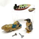 4 x tin plate toys - Louis Marx 'Roll over' cat, Penguin (made in Britain) & 2 x Pon-pon boats (