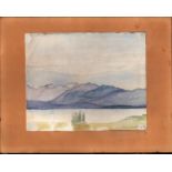 L S Lowry mounted 1952 watercolour painting of some hills + lake - mount 28.5cm x 36cm ~ Laurence