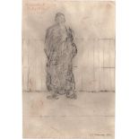 L S Lowry 1961 drawing of a man wearing a large coat near a fence - 29.5cm x 19.7cm ~ Laurence