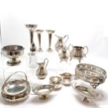 Qty of silver plated wares inc pair of spill vases (17.5cm), Victorian sugar and cream jug etc