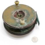 Antique brass & mahogany salmon fishing reel - 14.5cm diameter and has obvious wear / a/f (to 1