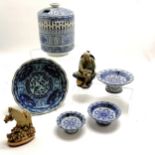 Qty of oriental blue & white ceramics inc pastille burner with lift off lid (20cm high) etc
