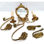 Antique French gilded mirrored wall light 34 cm high, 33 cm wide, t/w a pair of gilded metal Art