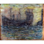 L S Lowry 1957 watercolour painting on board of a ship - 26cm x 31.5cm and has a 'gouge' near the