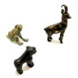 3 bronze animal figures, frog, lion and a goat 7.5cm high and has losses to 1 horn