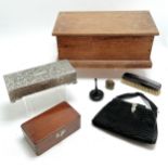 Antique small pine box (38cm x 20cm x 15cm) containing oddments including a black handbag