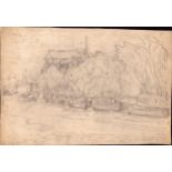 L S Lowry mounted 1950 pencil sketch a building next to a river with barges / boats at edge - page