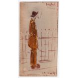 L S Lowry 1962 mixed media painting of a smoking tramp at Salford by railings - 27cm x 13.8cm ~