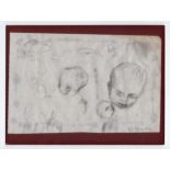L S Lowry mounted half page of pencil sketches inc baby heads - mount 15.3cm x 20.2cm ~ Laurence