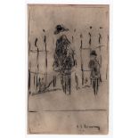 L S Lowry drawing of 2 figures + dog near railings - 20.2cm x 12.7cm ~ Laurence Stephen Lowry (