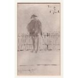L S Lowry 1956 mounted watercolour sketch of a tramp near park railings, writing to the reverse -