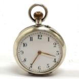 Silver cased antique fob watch with enamel dial - 34mm case - lacks glass & runs BUT WE CANNOT