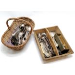 Qty of loose silver plated cutlery inc ladles, forks, spoons etc in a wooden cutlery tray and basket