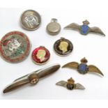 5 x sweetheart brooches (inc RAF, tortoiseshell / silver) t/w 3 coin pendants & Georgian enamel