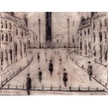 L S Lowry 1952 drawing of figures and buildings (with human figure on reverse) - 30.5cm x 38.3cm and