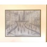 L S Lowry 1959 mounted drawing of lots of figures wearing hats surrounded by buildings (with