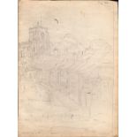 L S Lowry mounted 1958 sketch of buildings with castle - 38cm x 28cm and has some pinholes ~
