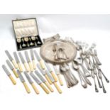 Qty of loose silver plated cutlery t/w tea and table knifes, plated tray 30cm, etc.