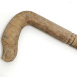 Hand carved folk art walking stick with dog head handle - 89cm long & has slight losses to nose