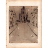 L S Lowry mounted 1940 drawing of an empty street scene with church in the distance - page 36.1cm