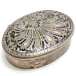 Unmarked antique silver oval box with tortoiseshell lid inlaid with silver and mother of pearl (1