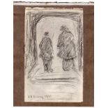 L S Lowry mounted 1941 drawing of 2 figures wearing hats under an arch - page 27.5cm x 21.8cm ~